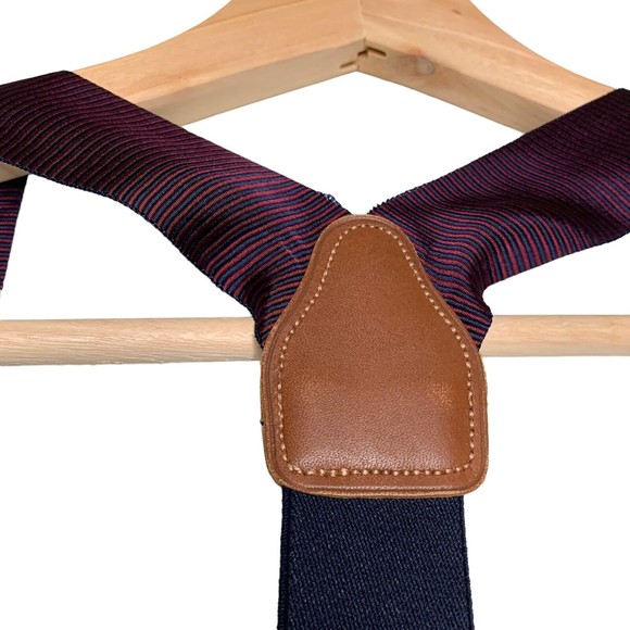 PERRY ELLIS PORTFOLIO Brown Leather Navy Red Stripe Y Suspenders Brass Hardware - Picture 4 of 8